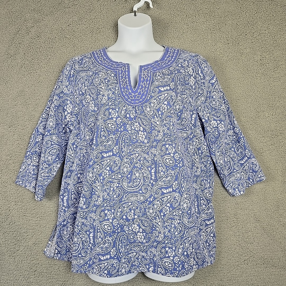 Carole Little Blue & White 3/4 Sleeve Linen Blend Embroidered Eyelet Shirt 1X - Picture 1 of 14